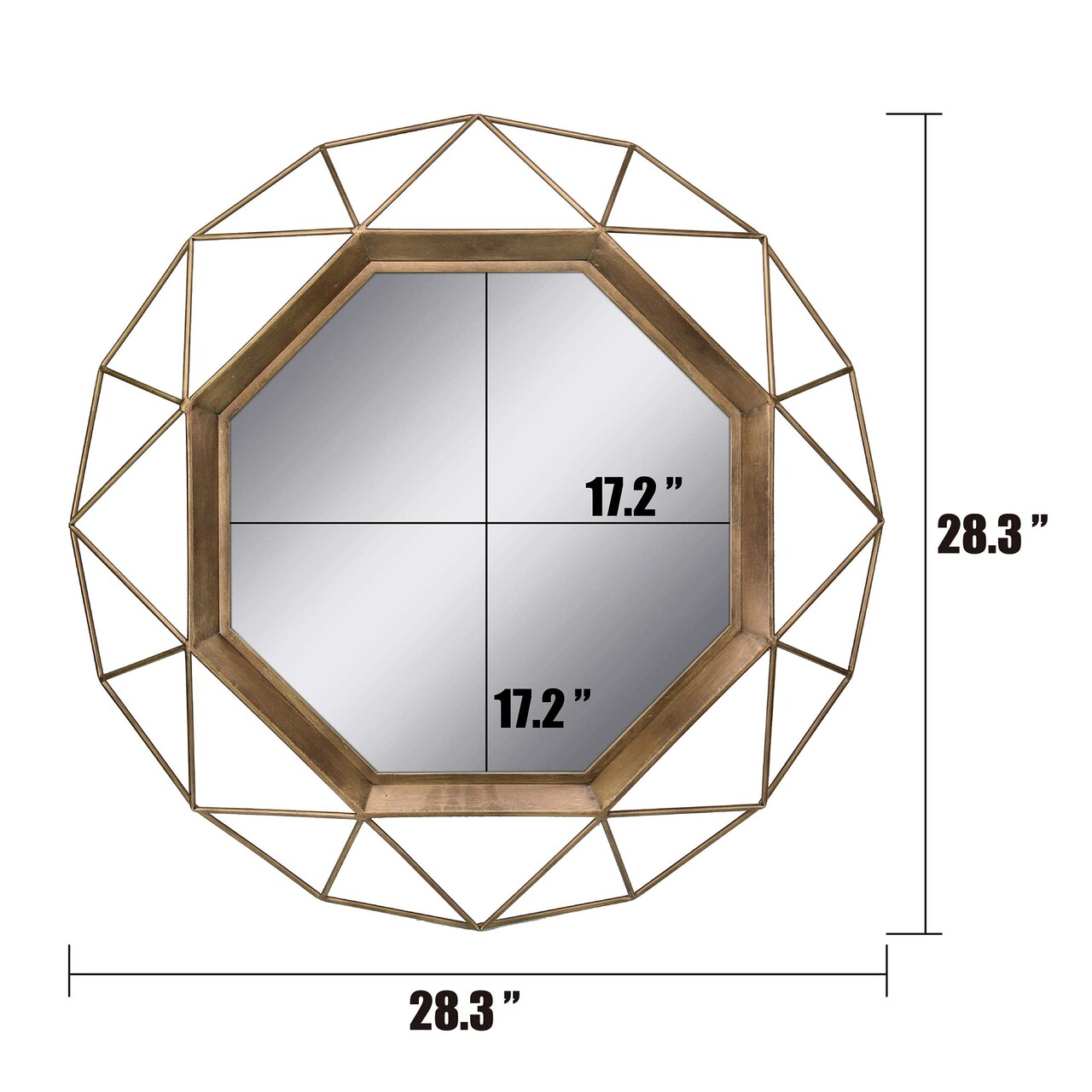 Decorative Antique Gold 28.3" Geometric Metal Wire Frame Hanging Wall Mirror with Mounting Brackets, Modern Decor for the Living Room, Bedroom, Bathroom, Hallway, and Entryway